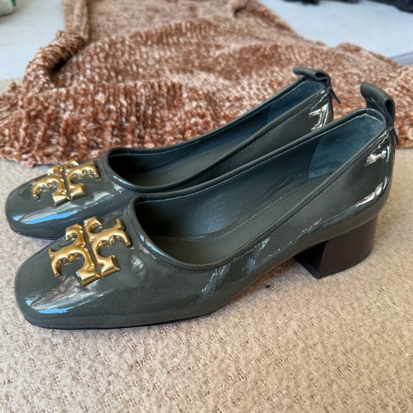 Tory Burch Shoes - Tory Burch Dark Gray Heels with Gold Emblem